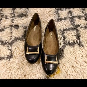 Black Gold loafers with mini block heels